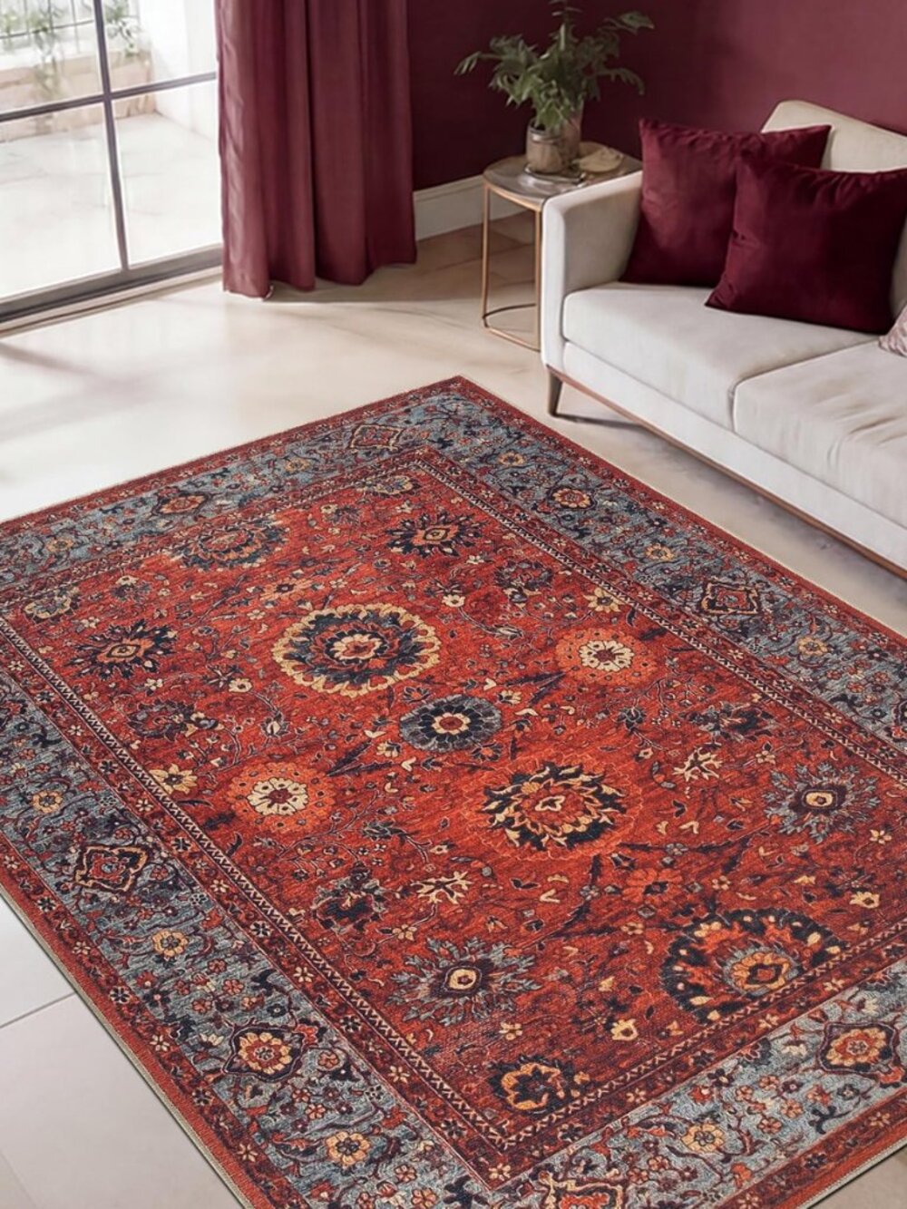 Vintage Washable Area Rug, Non-Slip Low Pile, 5x7